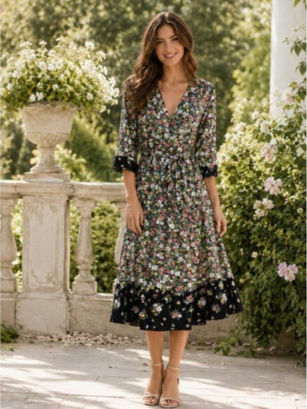 Zara Black Floral Wrap Midi Dress Long Sleeve Tie Waist Feminine Size Small